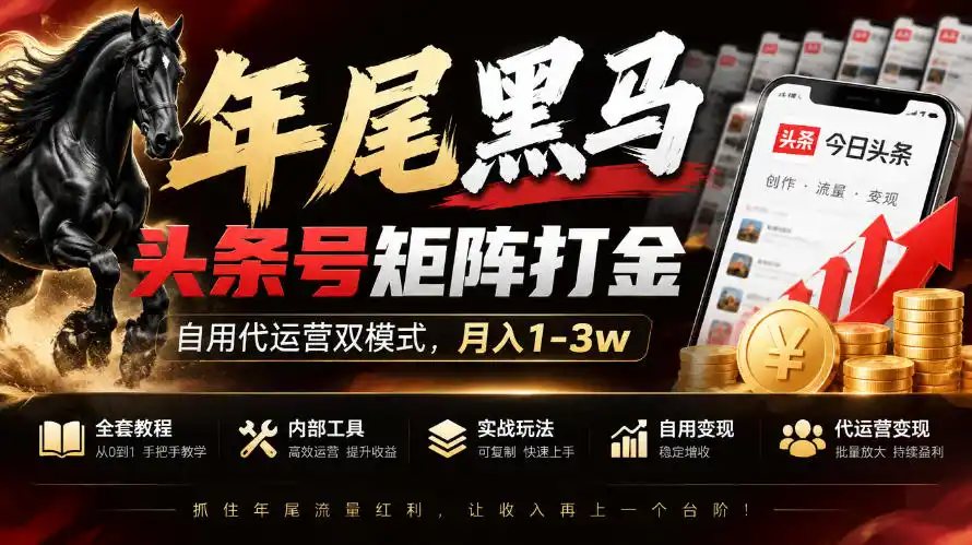 【年尾黑马】头条号矩阵打金，自用代运营双模式，月入1-3w，附全套教程及内部工具【揭秘】-得宝资源站
