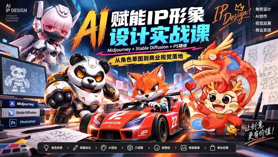AI赋能IP形象设计实战课-无水印：Midjourney+Stable Diffusion+PS精修，从角色草图到商业视觉落地-得宝资源站