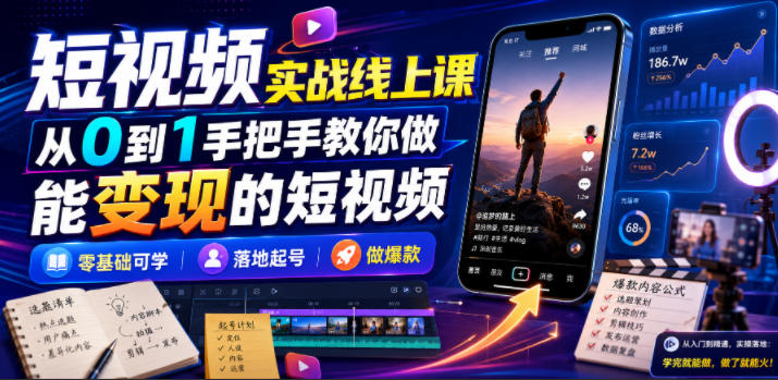短视频实战线上课，从0到1手把手教你做能变现的短视频，零基础可学，落地起号做爆款-得宝资源站