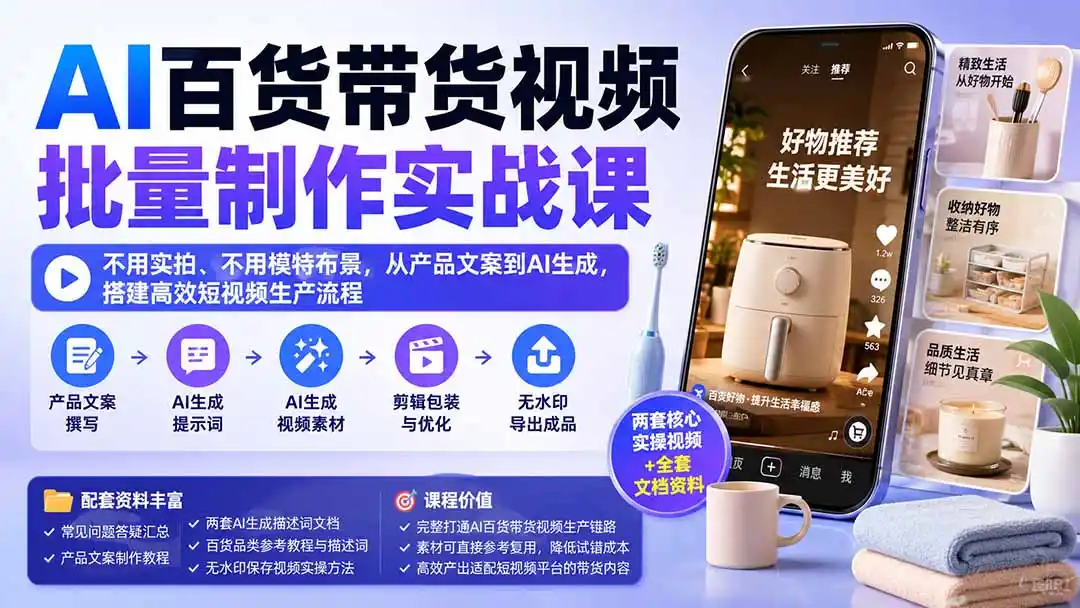 AI百货带货视频批量制作实战课：不用实拍、不用模特布景，从产品文案到AI生成，搭建高效短视频生产流程-得宝资源站