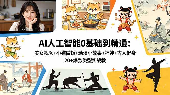 AI人工智能0基础到精通：美女视频+小猫做饭+动漫小故事+福娃+古人健身，20+爆款类型实战教学-得宝资源站
