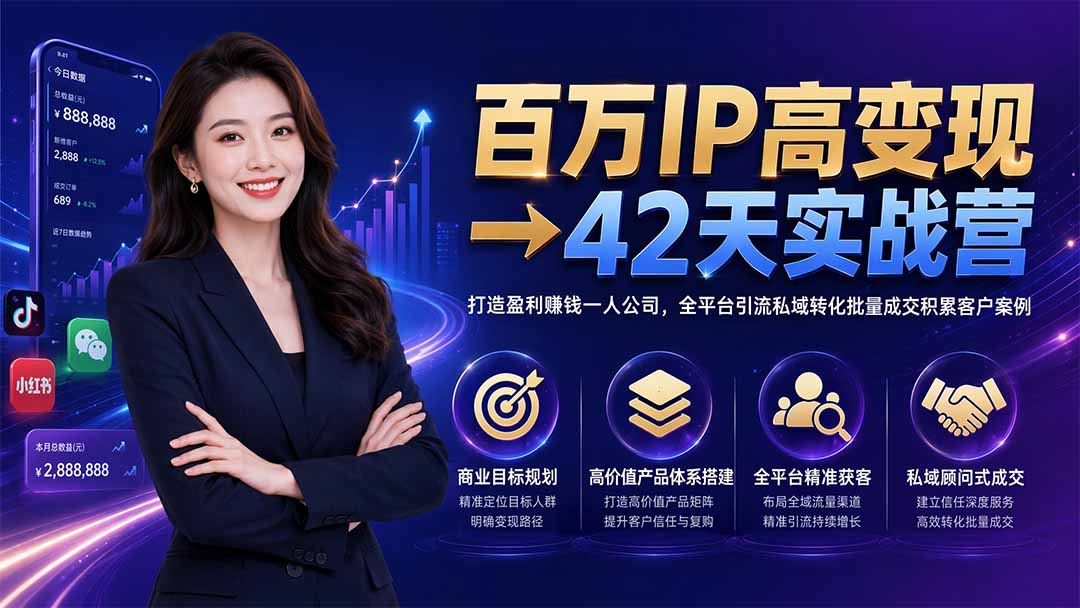 百万IP高变现→42天实战营｜打造盈利赚钱一人公司，全平台引流私域转化批量成交积累客户案例-得宝资源站