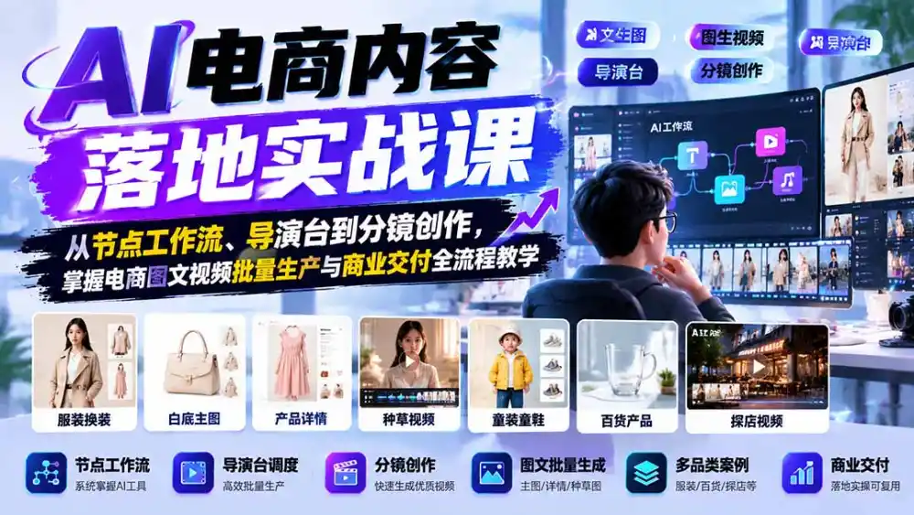 AI电商内容落地实战课：从节点工作流、导演台到分镜创作，掌握电商图文视频批量生产与商业交付全流程教学-得宝资源站