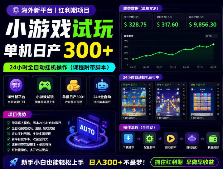 海外新平台，小游戏试玩，单机日产300+，24小时全自动挂G操作(课程附带脚本)【揭秘】-得宝资源站