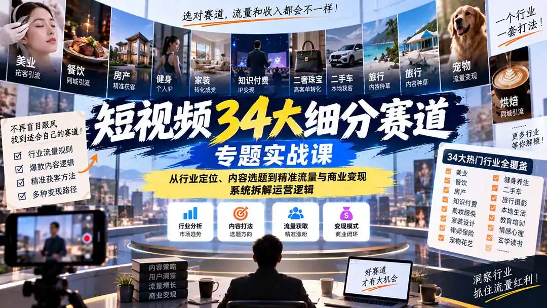 短视频34大细分赛道专题实战课：从行业定位、内容选题到精准流量与商业变现，系统拆解运营逻辑-得宝资源站