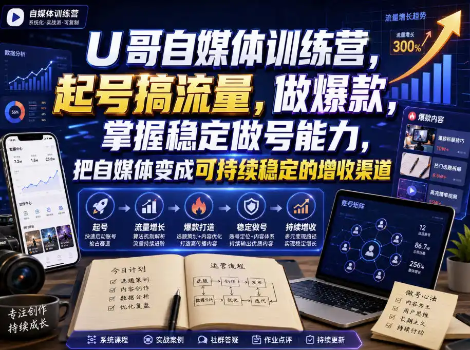U哥自媒体训练营，起号搞流量，做爆款，掌握稳定做号能力，把自媒体变成可持续稳定的增收渠道-得宝资源站