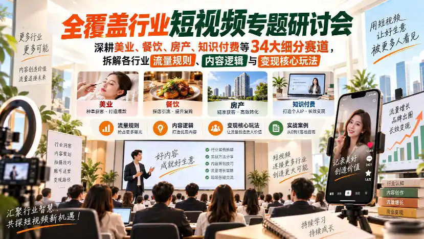 短视频专题研讨会，深耕美业、餐饮、房产、知识付费等34大细分赛道，拆解各行业流量规则、内容逻辑与变现核心玩法-得宝资源站