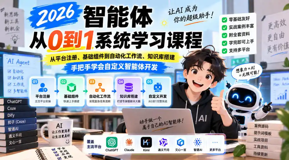 2026智能体从0到1系统学习课程，从平台注册、基础组件到自动化工作流、知识库搭建，手把手学会自定义智能体开发-得宝资源站