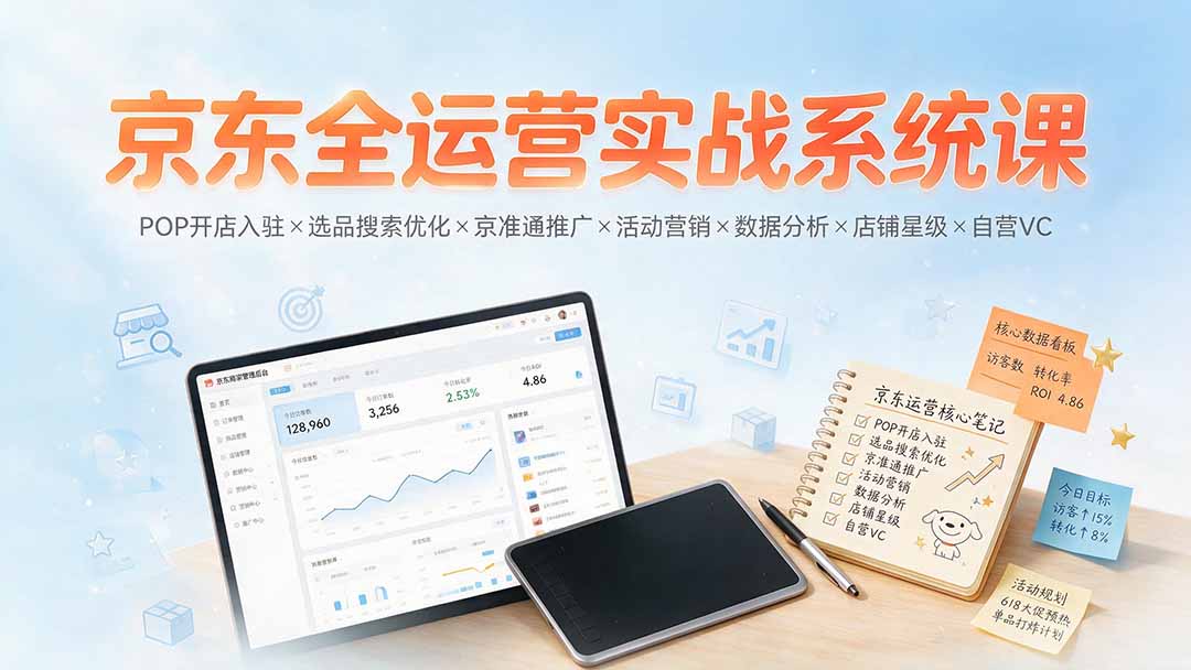 京东全运营实战系统课：POP开店入驻×选品搜索优化×京准通推广×活动营销×数据分析×店铺星级×自营VC-得宝资源站
