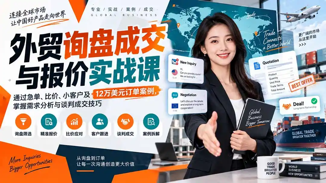 外贸询盘成交与报价实战课：通过急单、比价、小客户及12万美元订单案例，掌握需求分析与谈判成交技巧-得宝资源站