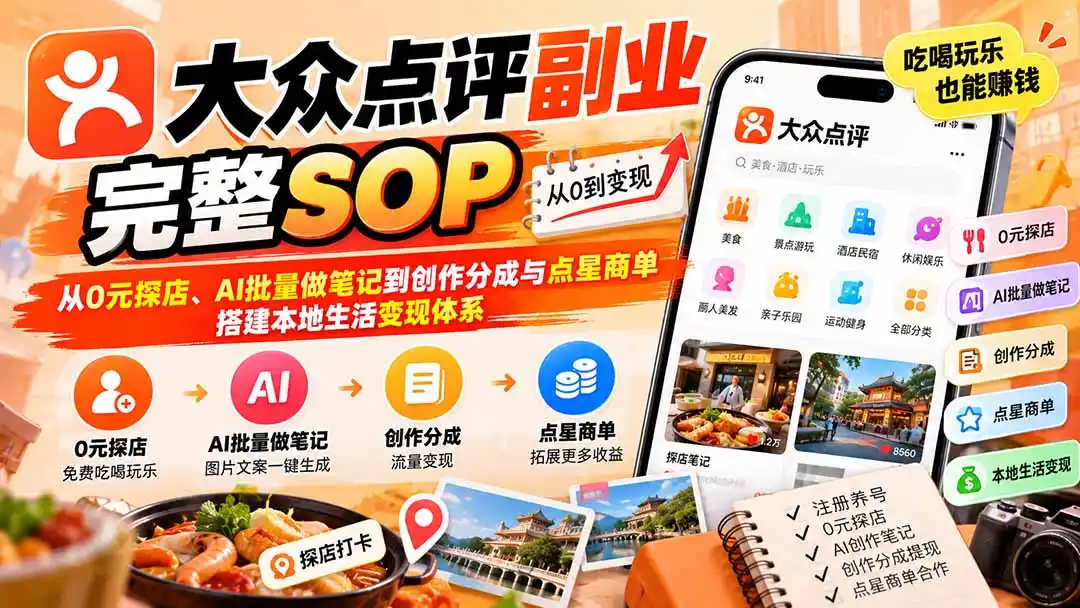 【无水印】大众点评副业完整SOP：从0元探店、AI批量做笔记到创作分成与点星商单，搭建本地生活变现体系-得宝资源站