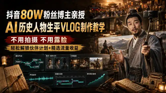 抖音80W粉丝博主的AI历史人物生平VLOG教学，不用拍摄不用露脸，AI帮你搞定，轻松解锁伙伴计划+精选收益-得宝资源站