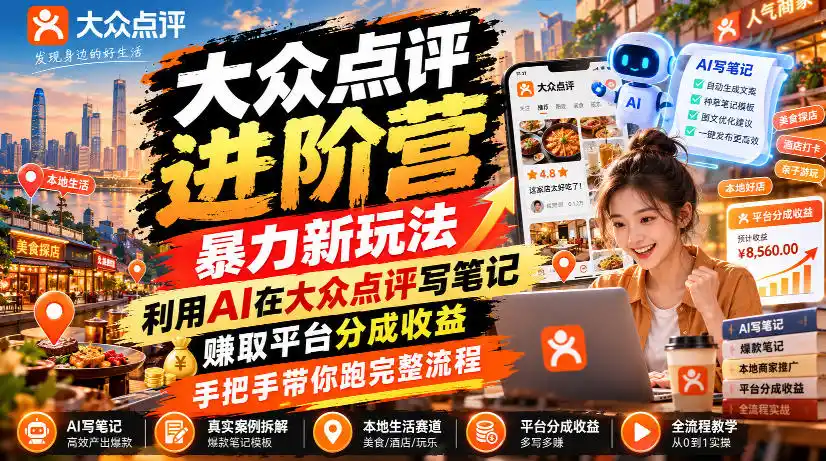 大众点评进阶营，暴力新玩法，利用AI在大众点评写笔记， 賺取平台分成收益，手把手带你跑完整流程