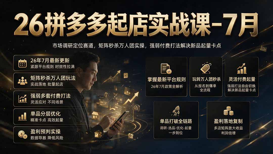 26拼多多起店实战课-7月｜市场调研定位赛道，矩阵秒杀万人团实操，强弱付费打法解决新品起量卡点-得宝资源站