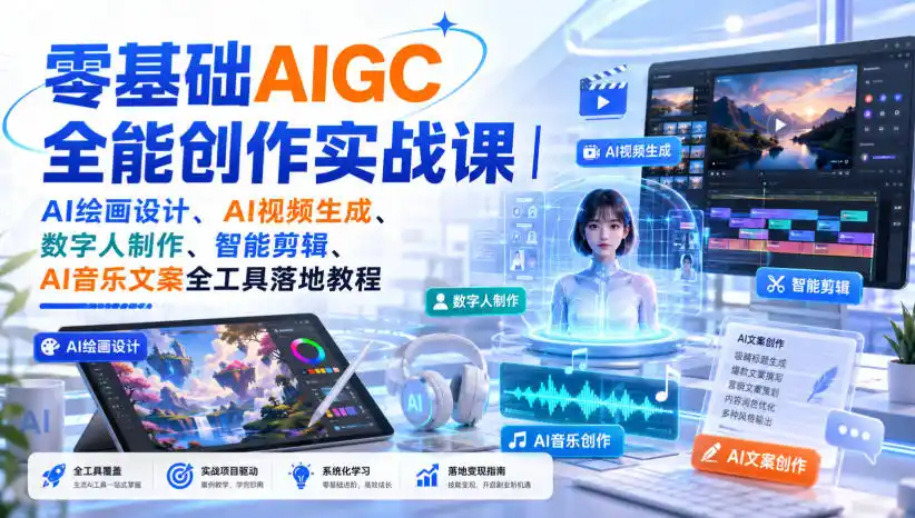 零基础AIGC全能创作实战课｜AI绘画设计、AI视频生成、数字人制作、智能剪辑、AI音乐文案全工具落地教程-得宝资源站