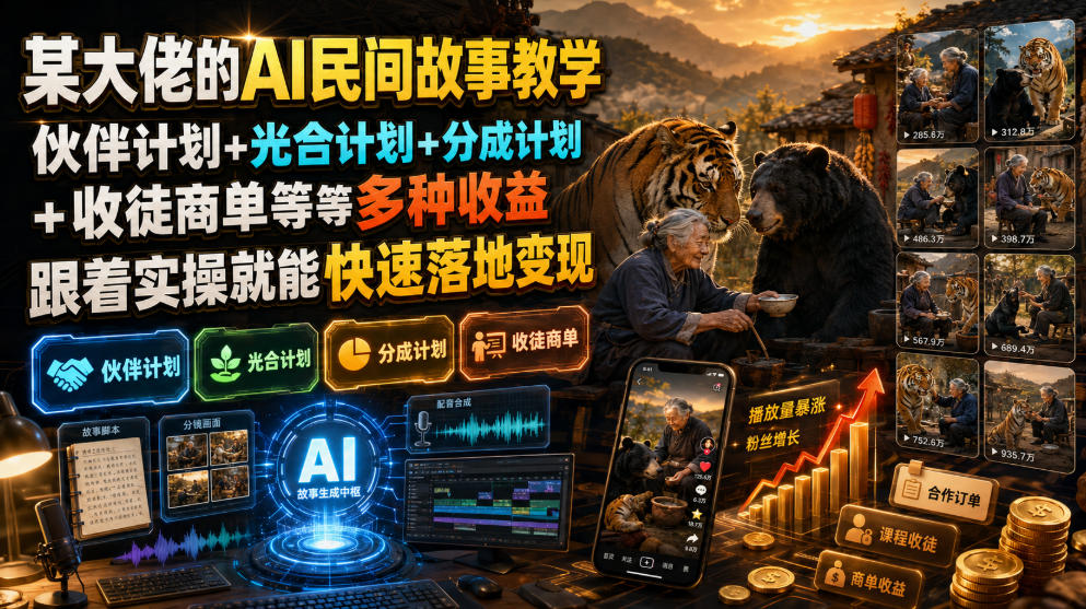 某大佬的AI民间故事教学，伙伴计划+光合计划+分成计划+收徒商单等多种收益，跟着实操就能快速落地变现-得宝资源站