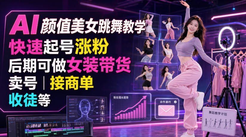 AI颜值美女跳舞教学，快速起号涨粉，后期可做女装带货，卖号，接商单，收徒等-得宝资源站