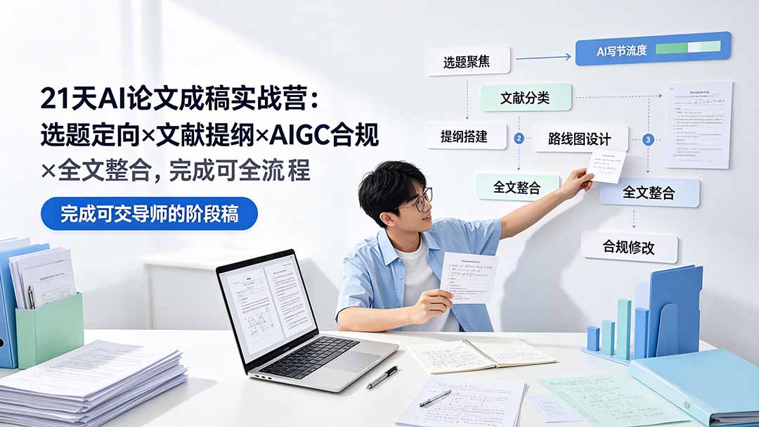 21天AI论文成稿实战营：选题定向×文献提纲×AIGC合规×全文整合，完成可交导师的阶段稿-得宝资源站