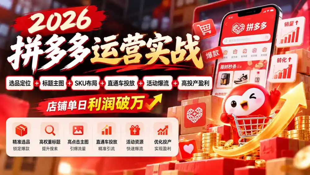 2026拼多多运营实战-更新1002：选品定位+标题主图+SKU布局+直通车投放+活动爆流+高投产盈利 店铺单日利润破万-得宝资源站