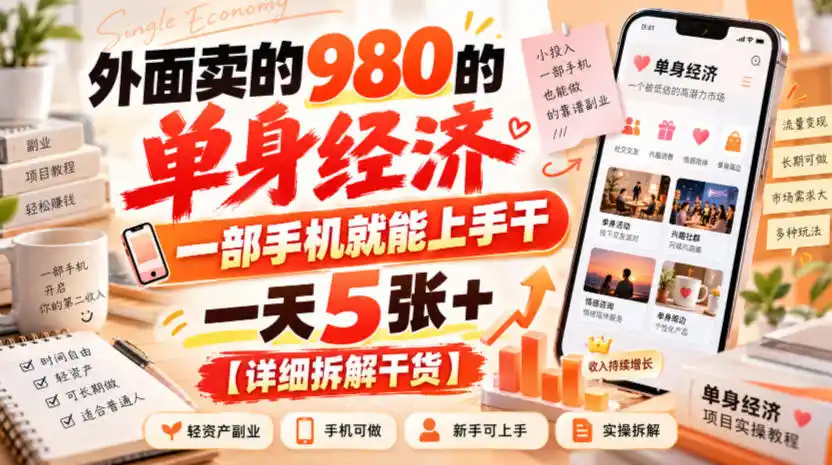 外面卖的980的单身经济，一部手机就能上手干，一天5张+【详细拆解干货】-得宝资源站