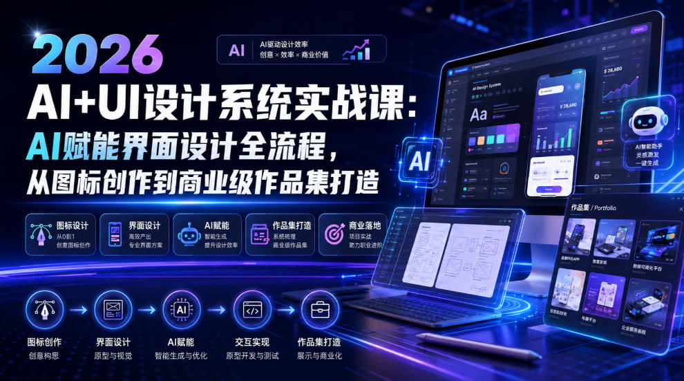 2026 AI+UI设计系统实战课：AI赋能界面设计全流程，从图标创作到商业级作品集打造-得宝资源站