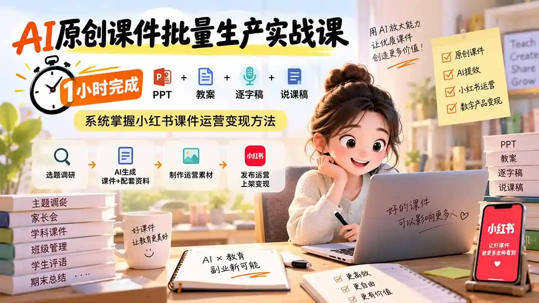 AI原创课件批量生产实战课：1小时完成PPT+教案+逐字稿+说课稿，系统掌握小红书课件运营变现方法-得宝资源站