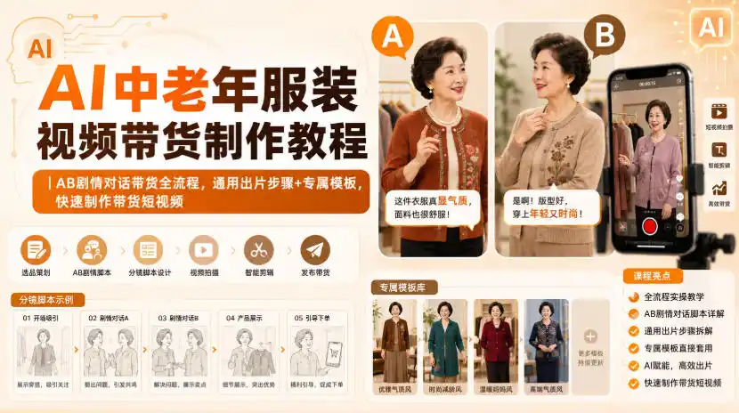 AI中老年服装视频带货制作教程｜AB剧情对话带货全流程，通用出片步骤+专属模板，快速制作带货短视频-得宝资源站