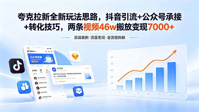 夸克拉新全新玩法思路，抖音引流+公众号承接+转化技巧，两条视频46w搬放 变现7000+-得宝资源站