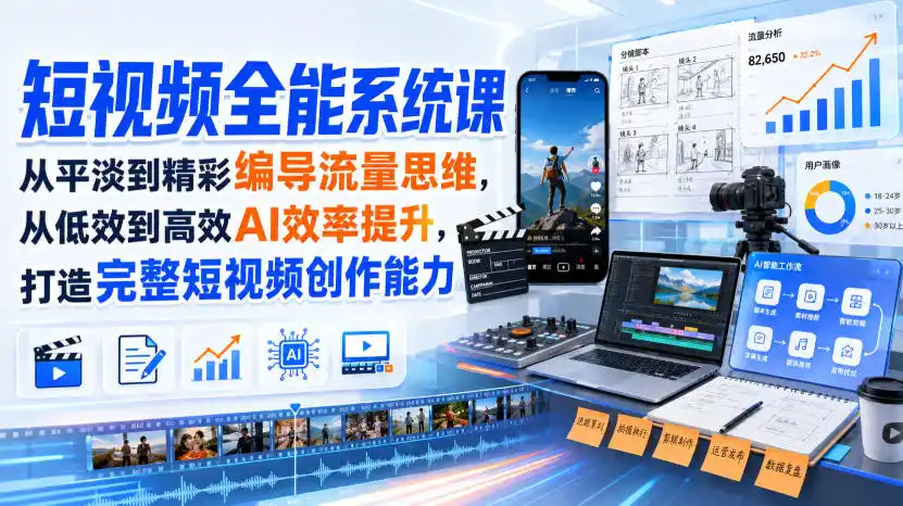 短视频全能系统课，从平淡到精彩编导流量思维，从低效到高效AI效率提升，打造完整短视频创作能力(2026年8月30更新233集)-得宝资源站