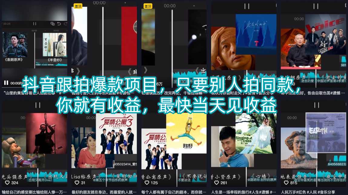 抖音跟拍爆款项目，只要别人拍同款，你就有收益，最快当天见收益-得宝资源站