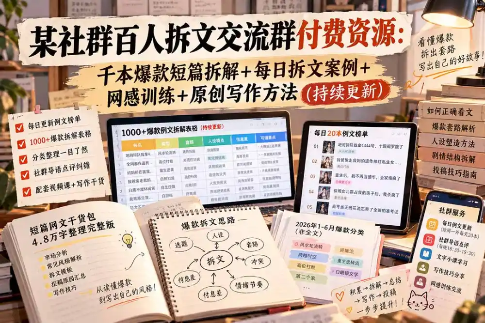 某社群百人拆文交流群付费资源-更新0929：千本爆款短篇拆解+每日拆文案例+网感训练+原创写作方法-得宝资源站