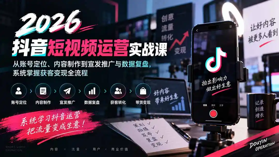 2026抖音短视频运营实战课：从账号定位、内容制作到宣发推广与数据复盘，系统掌握获客变现全流程-得宝资源站