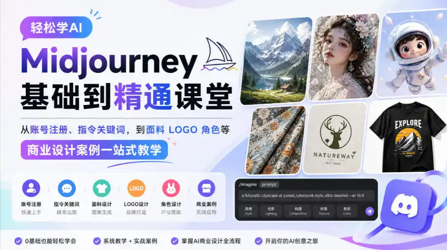 轻松学AI Midjourney基础到精通课堂，从账号注册、指令关键词，到面料LOGO角色等商业设计案例一站式教学-得宝资源站