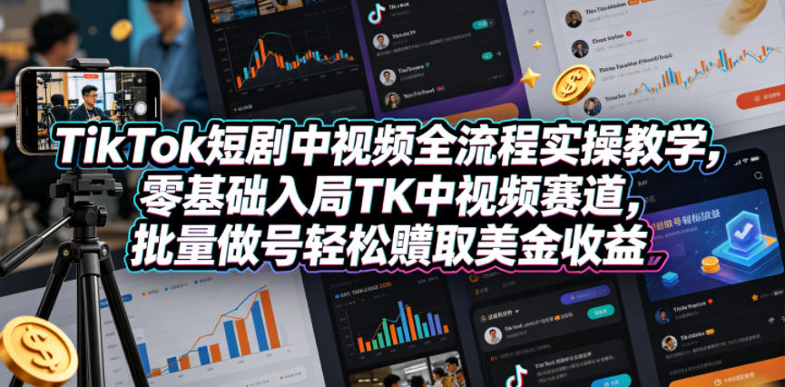 TikTok短剧中视频全流程实操教学，零基础入局TK中视频赛道，批量做号轻松賺取美金收益-得宝资源站