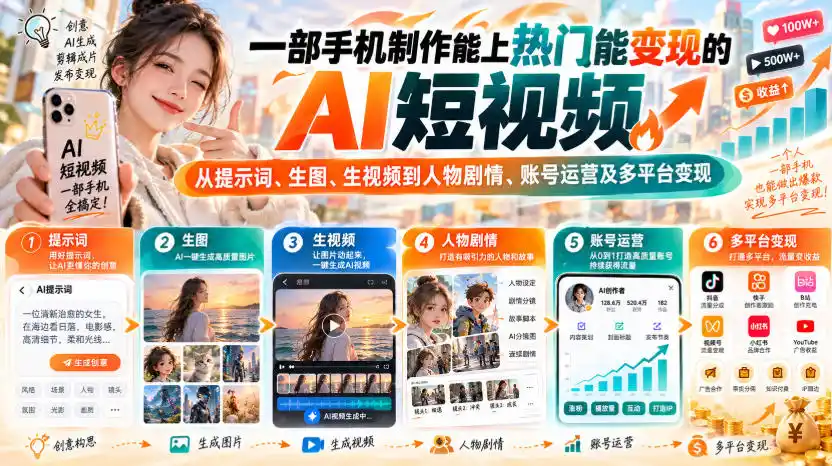 【无水印】一部手机制作能上热门能变现的AI短视频，从提示词、生图、生视频到人物剧情、账号运营及多平台变现-得宝资源站