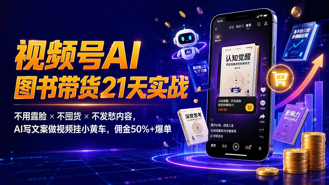 繁花视频号AI图书带货21天实战：不用露脸×不囤货×不发愁内容，AI写文案做视频挂小黄车，佣金50%+爆单-得宝资源站