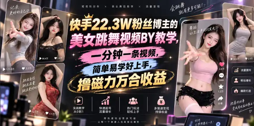 快手22.3W粉丝博主的美女跳舞视频搬运教学，快手MT搬运，一分钟一条视频，简单易学好上手，撸磁力万合收益-得宝资源站