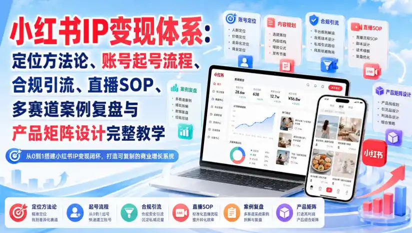 小红书IP变现体系：定位方法论、账号起号流程、合规引流、直播SOP、多赛道案例复盘与产品矩阵设计完整教学-得宝资源站