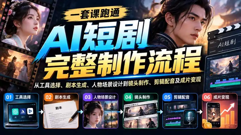 一套课跑通AI短剧完整制作流程：从工具选择、剧本生成、人物场景设计到镜头制作、剪辑配音及成片变现-得宝资源站