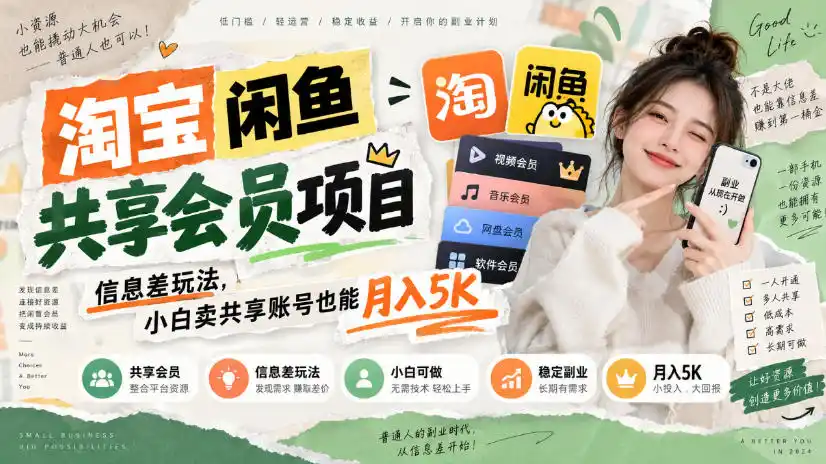 淘宝闲鱼共享会员项目，信息差玩法，小白卖共享账号也能月入5K-得宝资源站