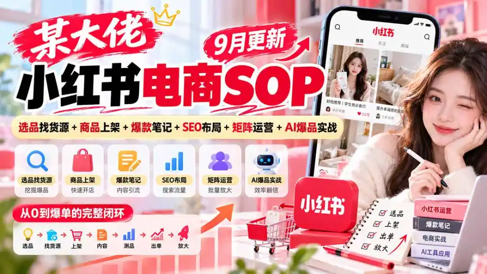 某大佬小红书电商SOP｜9月更新：选品找货源+商品上架+爆款笔记+SEO布局+矩阵运营+AI爆品实战-得宝资源站