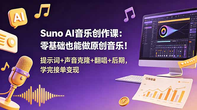 Suno AI音乐创作课：零基础也能做原创音乐！提示词+声音克隆+翻唱+后期，学完接单变现-得宝资源站