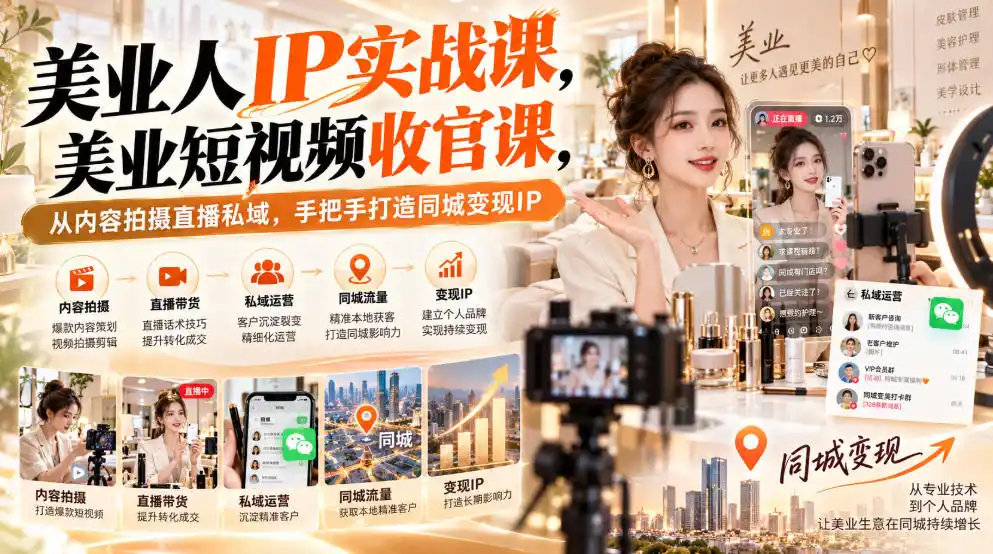 【无水印】美业人IP实战课，美业短视频收官课，从内容拍摄直播私域，手把手打造同城变现IP-得宝资源站