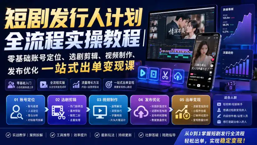 短剧发行人计划全流程实操教程｜零基础账号定位、选剧剪辑、视频制作、发布优化一站式出单变现课-得宝资源站