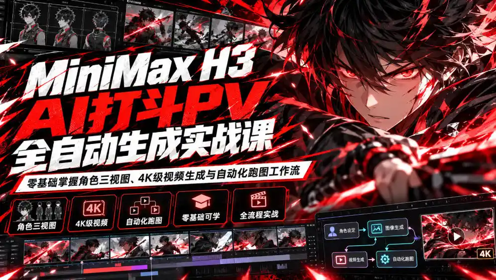 MiniMax H3 AI打斗PV全自动生成实战课：零基础掌握角色三视图、4K级视频生成与自动化跑图工作流-得宝资源站