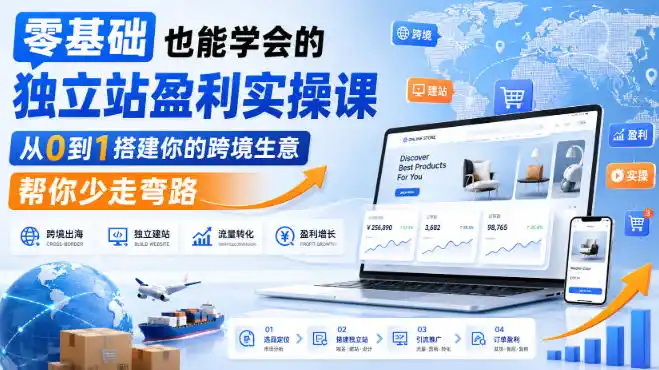 零基础也能学会的独立站盈利实操课，从0到1搭建你的跨境生意，帮你少走弯路