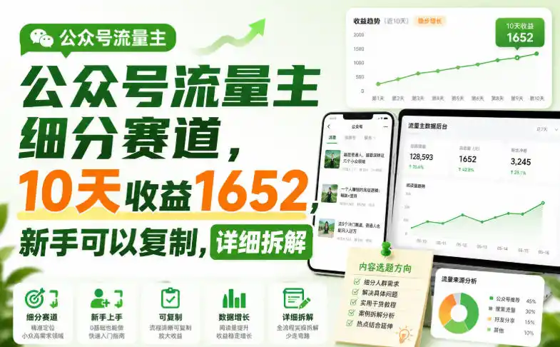 公众号流量主细分赛道，10天收益1652，新手可以复制，详细拆解-得宝资源站
