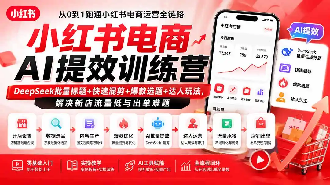 小红书电商AI提效训练营—DeepSeek批量标题+快速混剪+爆款选题+达人玩法，解决新店流量低与出单难题-得宝资源站