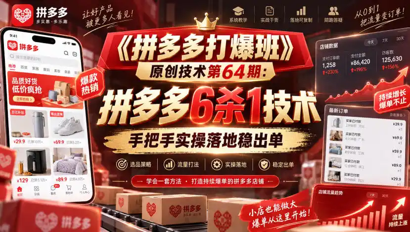 《拼多多打爆班》原创技术第64期：拼多多6杀1技术，手把手实操落地稳出单-得宝资源站