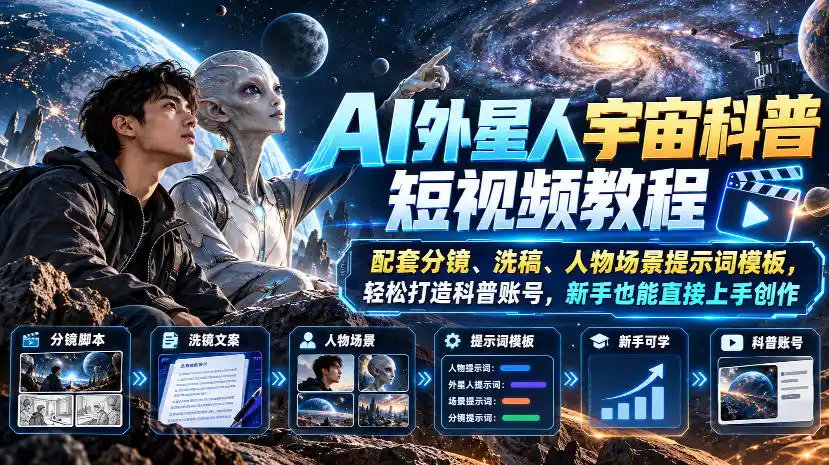 AI外星人宇宙科普短视频教程，配套分镜、洗稿、人物场景提示词模板，轻松打造科普账号，新手也能直接上手创作-得宝资源站